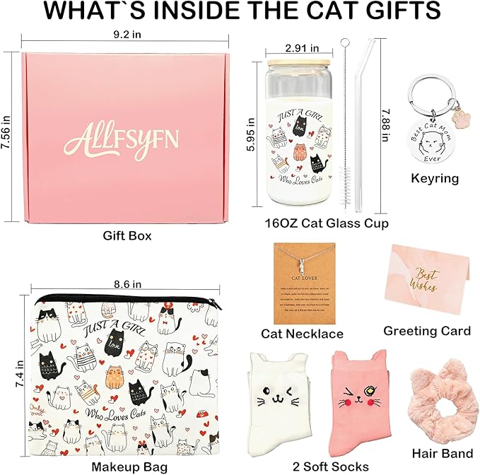 9 Pcs Cat Lover Gifts for Women,Cat Mom Themed Gift Box with 16 oz Glass Cup &Funny Socks, Mother's Day, Birthday Gifts for Cats Crazy Lady, Owner, Friends, Sister, Daughter