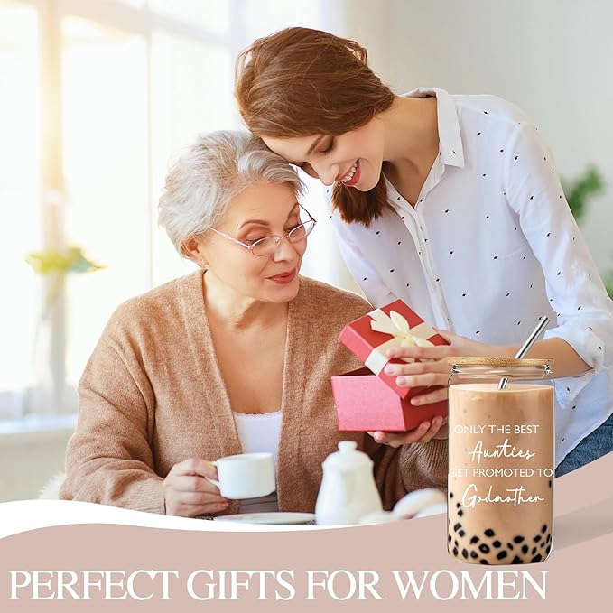 DHQH Godmother Proposal Gift for Women, Godmother Mothers Day Gifts from Godchild, Birthday Christmas Gifts Set with 16 Oz Coffee Glass Cup