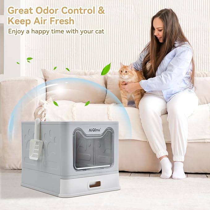 AiQInu Foldable Stainless Steel Cat Litter Box with Lid & Scoop, Large Enclosed Metal Litter Box with High Sides, Anti-Leakage & Odor Control, Easy Clean, for Big Cats Up to 20 LBS