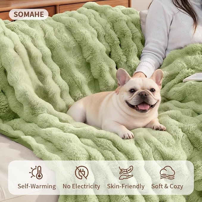 SOMAHE Self-Warming Cat Blanket for Indoor Cats & Small Dogs, Dual-Side Sherpa Plush Throw, Anti-Static Shared Couch Mat for Crate & Travel, Machine Washable No Shrink, 28x22 Inch Green