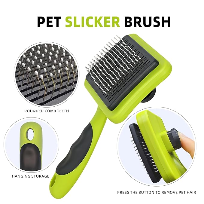 Self Cleaning Slicker Brush for Dogs Green Dog Shedding Brush Skin-Friendly Pet Grooming Tool for Long Short Haired Cats and Dogs Remove Loose Hair Mats Knots Tangles