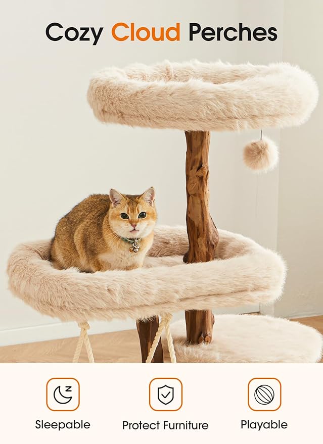 Letkind Modern Cat Tree Tower for Large Indoor Cats, Perches-Natural Solid Wood Cat Tower with Sisal Scratching Post, Perches, Hammock & PlayBalls, Aesthetic Boho Cat Furniture