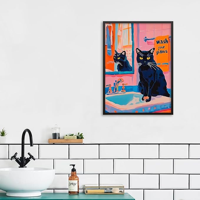 Black Cat Wash Your Paws Fun Wall Art Funky Colorful Bathroom Animal Poster Playful Kitsch Dopamine Aesthetic Canvas Pictures 08x10 inch Black Framed for Bathroom Wall Decor