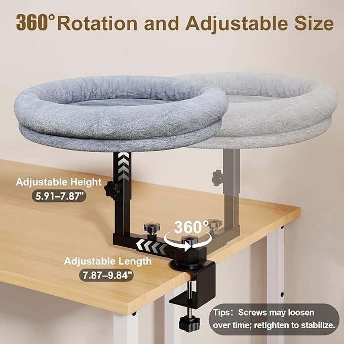 Large Cat Desk Bed, 360°Rotating & Adjustable Shelf, 18" Thickening Cat Bed for Desk, Soft Faux Fur with Mat, Suitable for Various Desktops - Maximum Hold Up to 50lb (Dark Gray)