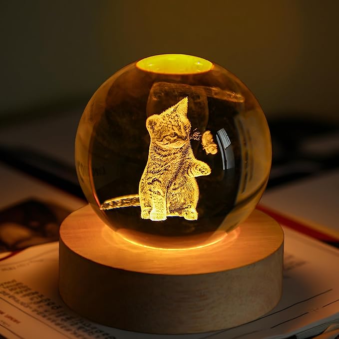 2.3in Crystal Ball for Cat Lovers 3D Glass Engraved Cat Decorative Night Light with Wooden Light Base for Birthday Wedding Housewarming