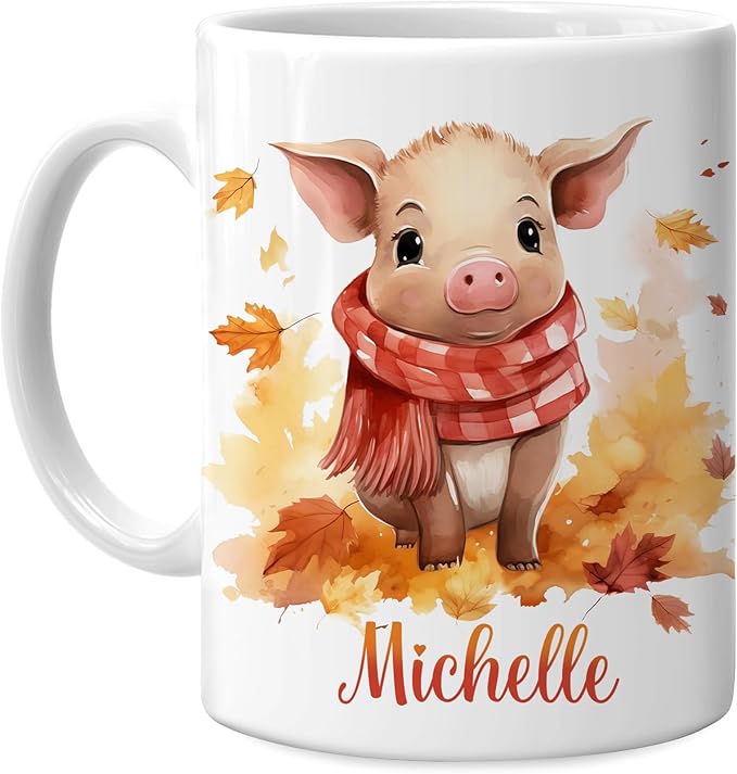 Hyturtle Personalized Fall Pig Maple Leaves Coffee Mug - Birthday Gifts For Pig Lovers - Fall Autumn Decor Gifts For Farmhouse Thanksgiving - Custom Name 11oz White Ceramic Coffee Tea Mug
