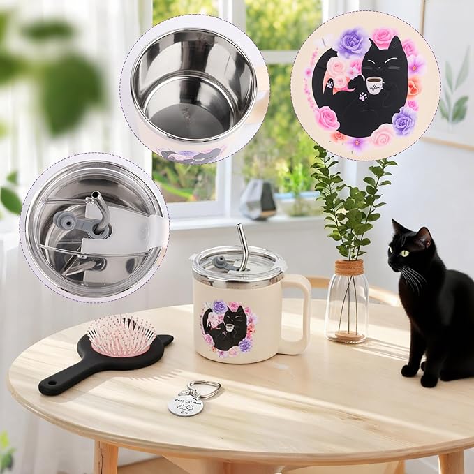 Cat Lover Gifts for Women, 7 Pcs Black Cat Themed Gift Set with Mug, Tote Bag, 3 Socks, Keychain & Comb. Perfect Kitten Themed Gifts for Women, Birthday, Mother's Day