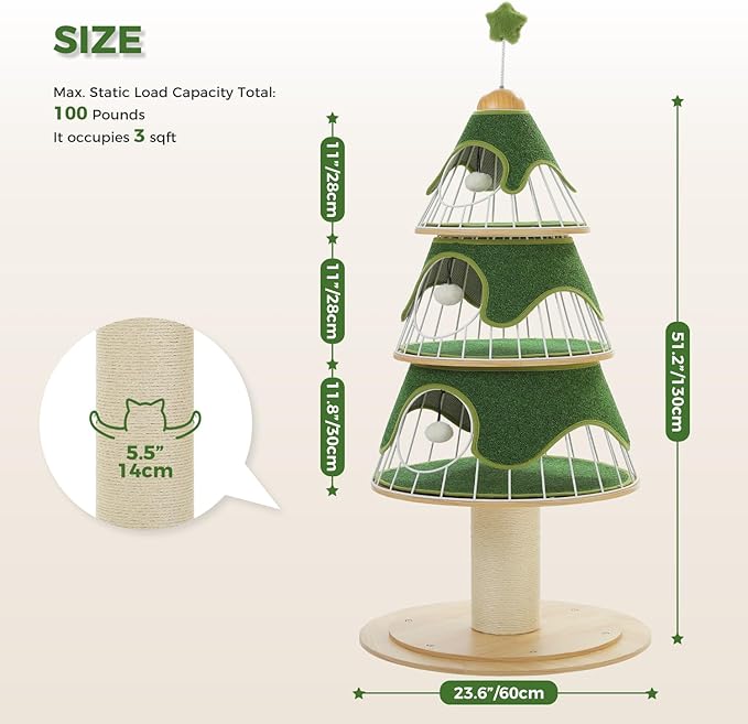 MUTTROS Modern Cat Tree-51.2" Cat Christmas Tree w/Thick Scratch Post(φ5.4in), Wood Cat Tower w/ 3 Condos-Heavy Duty Furniture w/Metal Frame & Replaceable Mat for Indoor Kitty, Green