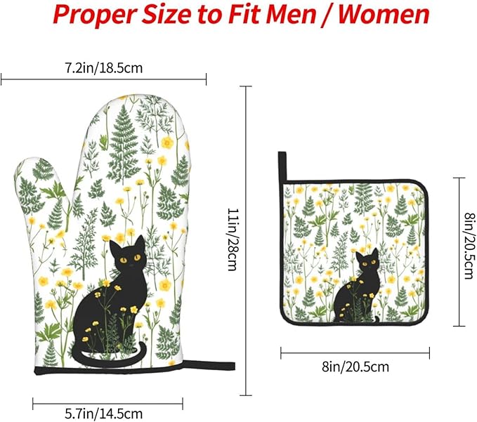 Black Cat Wildflower Hot Pads and Oven Mitts Set of 3, Spring Summer Plants Kitchen Decor Potholders and Oven Mitts, Baking and Cooking Gifts for Chef Baker, Black Cat Gifts for Women & Kitchen Decor