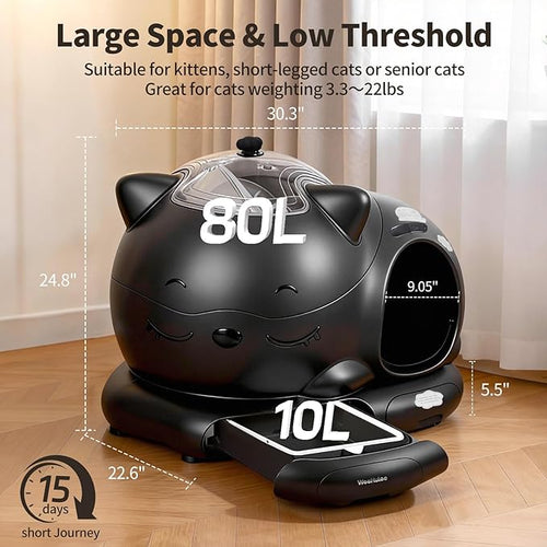 Automatic Cat Litter Box, Semi-Open Large Capacity with Triple Odor Removal System, App Control and Health Monitor, Safety Sensor, Cute Self Cleaning Litter Box for Multiple Cats (Black)