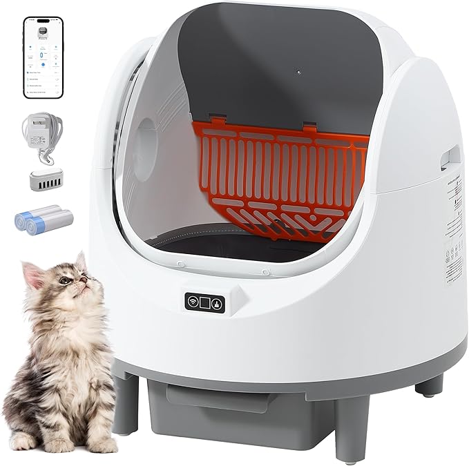 Automatic Cat Litter Box, Self Cleaning Litter Box with APP Control for Multiple Cats, Large Robot Kitty Litter Box with Safety Sensors, Odor Removal, 2 Roll Garbage Bags, 90L Open-Top Design