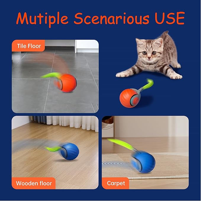 Interactive Cat Toy Ball for Indoor Cats,Automatic Moving Rolling Cats Toys with Tail, 2 Speeds Rechargeable Cat Enrichment Toys for Cats to Keep Them Busy (Orange)