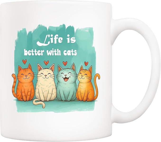 5Aup Cat Owner Coffee Mug Gifts 11 Oz - ‘Life is Better with Cats’ (Even When They’re Little Terrorists), Funny Kitten Design for People Who Speak Cat Code