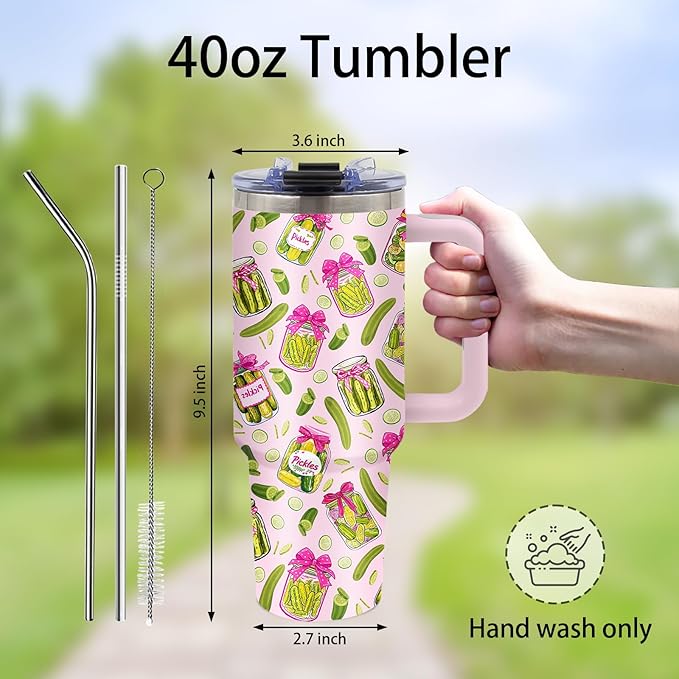 Pickle Gifts - Funny Pickle Themed Tumbler 40oz with Handle and Straws, Leak-proof, Stainless Steel Insulated Travel Coffee Mugs for Pickles Lovers, Pickled Food Enthusiasts Gifts Birthday Cup