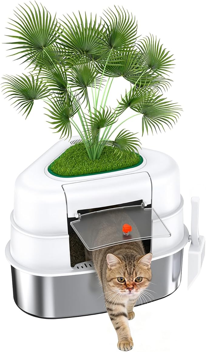 XXL Stainless Steel Corner Cat Litter Box with Lid, Enclosed Hidden Plant Litter Box with Artificial Plant, Easy-Clean Covered Decorative Litter Box for Large Cats, White