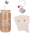 Cat Mom Gifts for Women Funny Gifts for Cat Lovers Pet Owners Iced Coffee Glass Cup with Lid and Straw Mom Keychain Socks Close Friend Cup Birthday Christmas Mothers Day Present