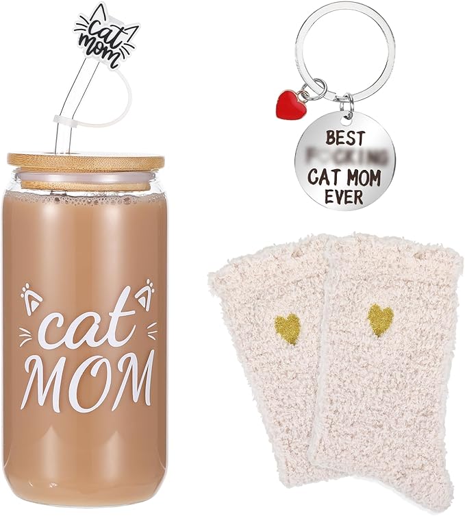 Cat Mom Gifts for Women Funny Gifts for Cat Lovers Pet Owners Iced Coffee Glass Cup with Lid and Straw Mom Keychain Socks Close Friend Cup Birthday Christmas Mothers Day Present