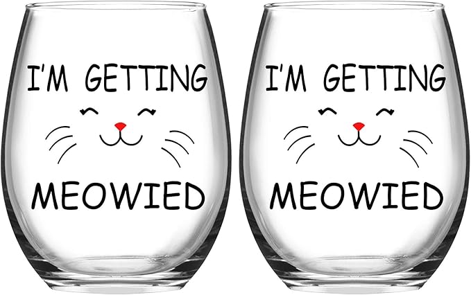 I'm Getting Meowied Funny Wine Glasses - Engagement or Bridal Shower Gift for Cat Lovers, Set of 2 Stemless Wine Glasses, 15 Oz