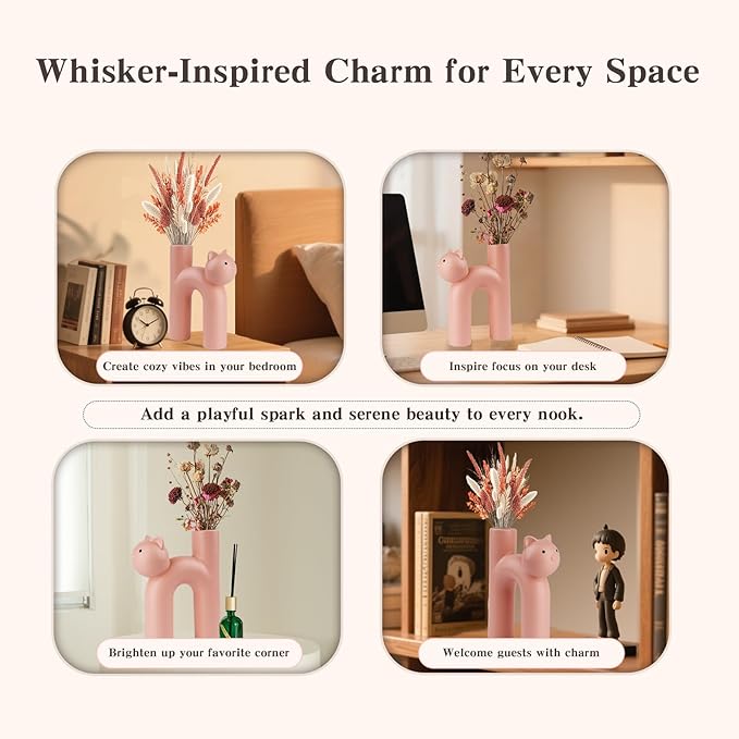 Cat Vase for Flowers, Cute Ceramic Vase Decor for Home, Pink Vase for Shelf Desk Bedroom, Cat Lover Gifts for Women, Cat Mom Gifts, Flower Vase for Dried Flowers, Pampas Grass