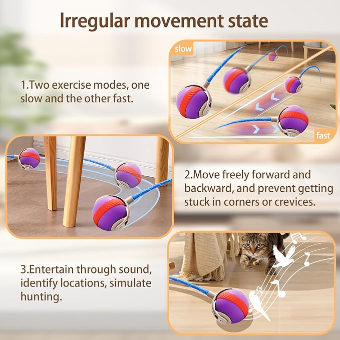 Interactive Cat Toy Ball, Automatic Moving Cat Toy with 2 Speed Modes Bite-Resistant Mouse Tail Bird Chirping Sounds Indoor Play Ball for Cats (Purple)