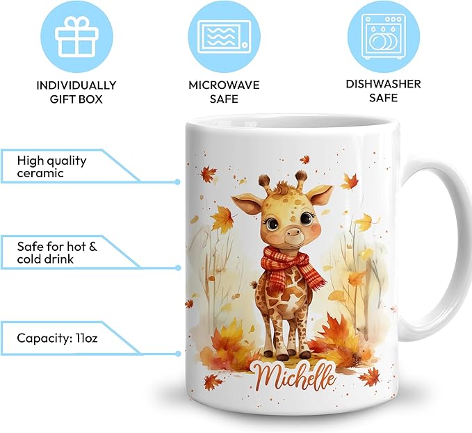 Hyturtle Personalized Fall Giraffe Maple Leaves Coffee Mug - Birthday Gifts For Giraffe Lovers - Fall Autumn Decor Gifts For Farmhouse Thanksgiving - Custom Name 11oz White Ceramic Coffee Tea Mug