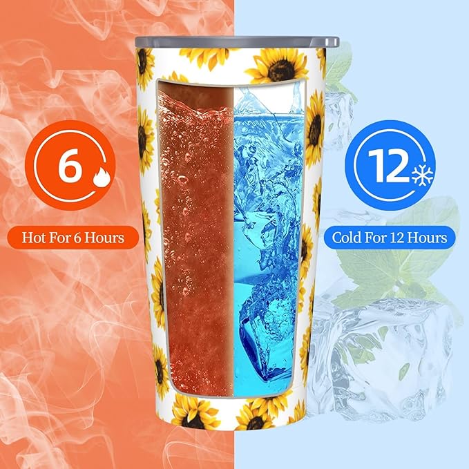 Sunflower Tumbler 20oz Floral Stainless Steel Insulated Tumblers with Lid and Straw Yellow Flowers Travel Coffee Mug Tea Wine Cups Water Bottle Sunflower Gifts for Women