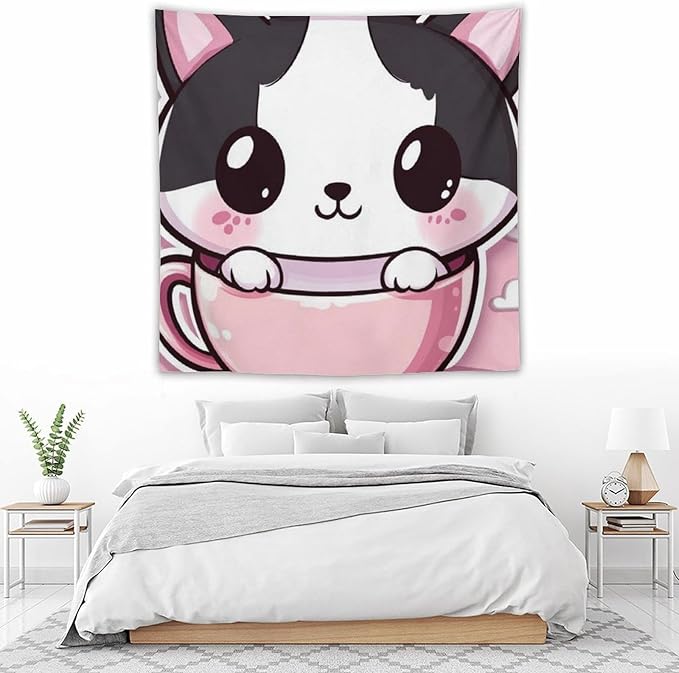 MaSiledy Tapestries Kawaii Cat Tapestry Animal Adorable Cat Wall Hanging Wall Tapestry Aesthetic Wall Art Home Decoration for Bedroom Living Room Dorm 60"x60" Tapestries for Bedroom Living Room Dorm