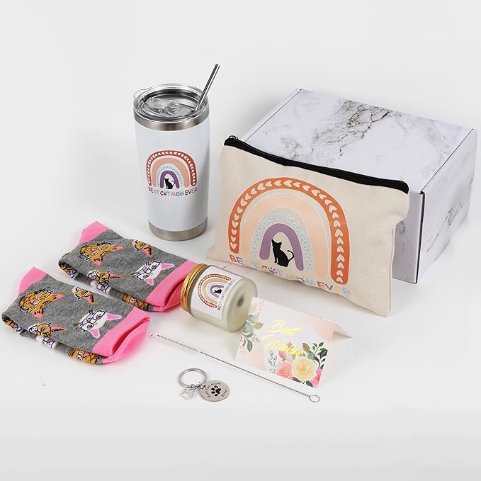 Kolewo4ever 7 Pieces Gifts for Cat Lovers,Cat Lover Gifts for Women,Christmas Gift for Women,Cats Gift for Lovers with Makeup Bag,Socks,Greeting Cards,Candle,Tumbler,Keychain