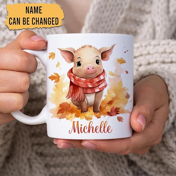 Hyturtle Personalized Fall Pig Maple Leaves Coffee Mug - Birthday Gifts For Pig Lovers - Fall Autumn Decor Gifts For Farmhouse Thanksgiving - Custom Name 11oz White Ceramic Coffee Tea Mug