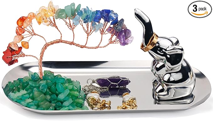 Carselage Elephant Ring Holder for Jewelry, Elephant Gifts for Women, Chakra Crystal Tree Ring Dish Earrings Box Organizer Trinket Tray, Living Room Bathroom Home Decoration, Mothers Day Mom Gifts