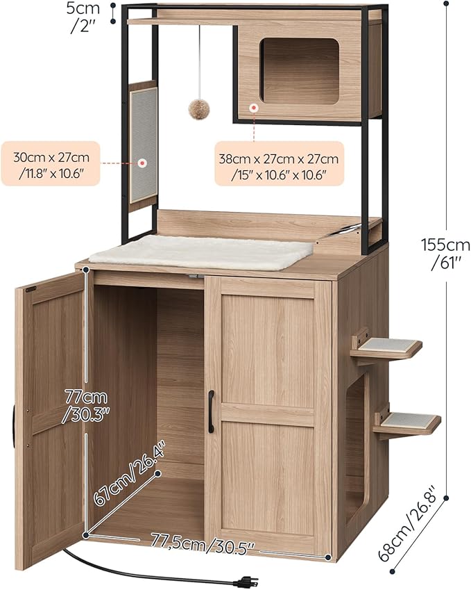 HOOBRO Cat Automatic Litter Box Enclosure Furniture, 30.5" L x 26.8" W x 61" H, Hidden Robotic Litter Box Cabinet, Dog-Proof Shelf with Charging Station, Scratching Mat, Bowls, Natural NL68UMZ03