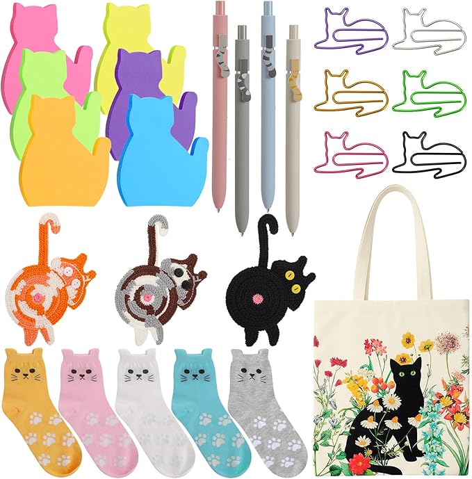 Cat Lover Gift Set for Women, 25 Pack with Tote Bag, Socks, Pens, Sticky Notes, Paper Clips and Crochet Coasters, Teacher Appreciation Gifts for Women, End of School Year
