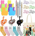 Cat Lover Gift Set for Women, 25 Pack with Tote Bag, Socks, Pens, Sticky Notes, Paper Clips and Crochet Coasters, Teacher Appreciation Gifts for Women, End of School Year