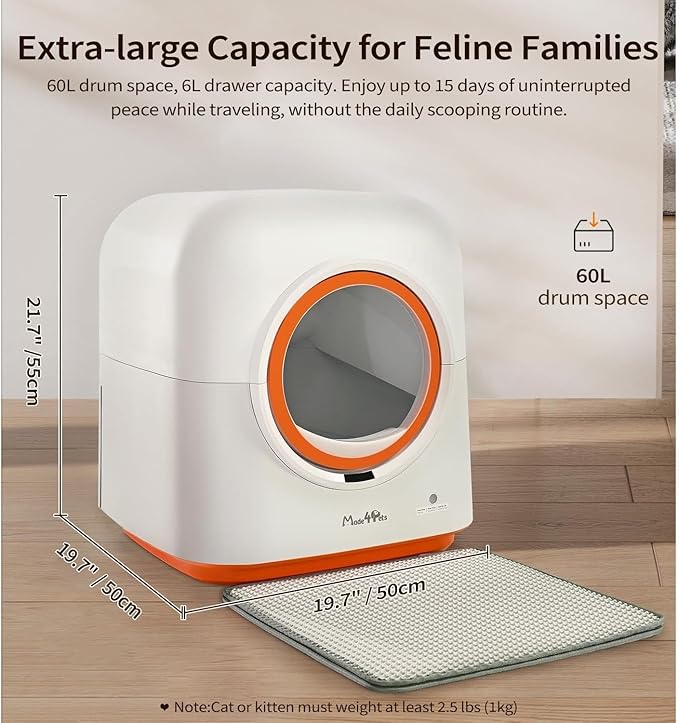 60L Self-Cleaning Litter Box with Automatic App Control PIR Motion Sensor Odor Elimination White and Orange Including Waste Bags
