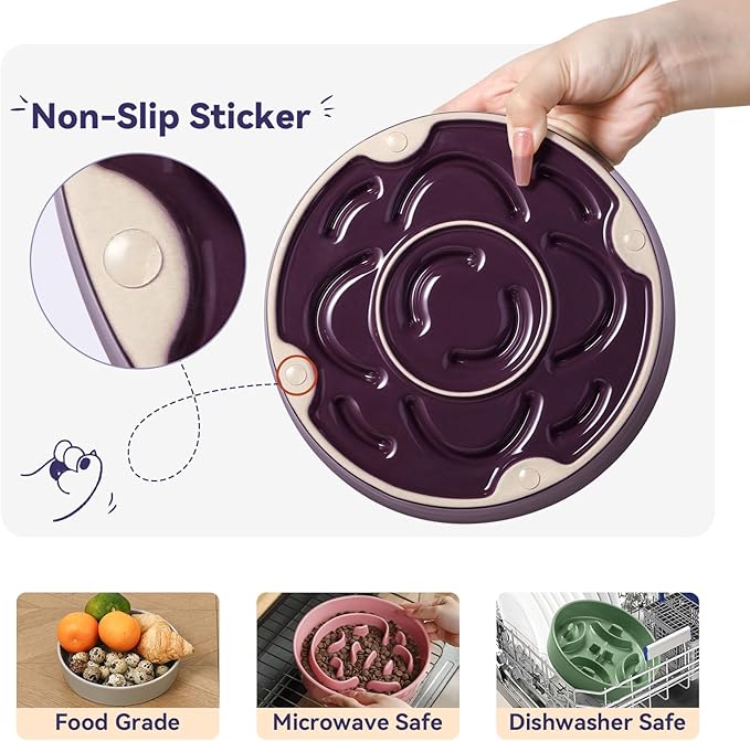 Ceramic Slow Feeder Dog Bowl - Maze Dog Bowl to Slow Down Eating - Feeding Dish for Fast Eaters - Ideal Food Control Dish for Medium to Large Breeds - 8.2 Inch - 1.8 Cups (180g) - Purple