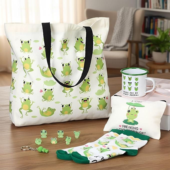 Frog Lover Gifts for Women Birthday Gifts Baskets Set Include Canvas Tote Bag, Makeup Bag, Socks, Keychain, Enamel Mug, Small Figurines for Mom, Wife, Sister, Friend