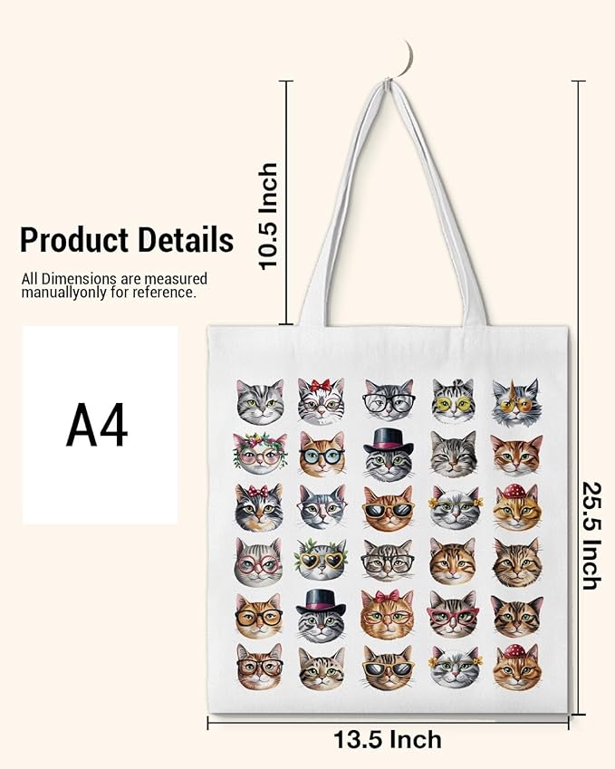 Cute Cat Canvas Tote Bag for Women Funny Cat Bag for Shopping Work Travel Lover Totes Gifts