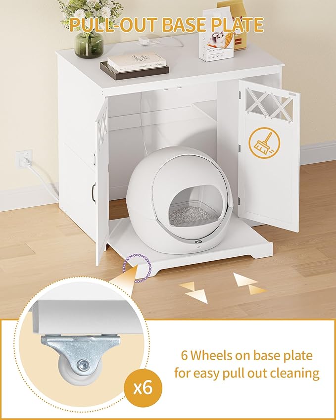 Cat Litter Enclosure, Hidden Self-Cleaning Litter Box Furniture with Charging Station, Pull-Out Base Plate, Adjustable Shelf, Large Indoor Cat House, 41.3 x 27.6 x 35.4 inches, White