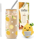 Joeyan Glass Cup with Lid and Straw - 20oz Iced Coffee Cup with Positive Crochet Lemon Doll, Cute Lemon Glass Tumbler for Smoothie Boba Tea, Summer Inspirational Birthday Gifts for Women Her Friend