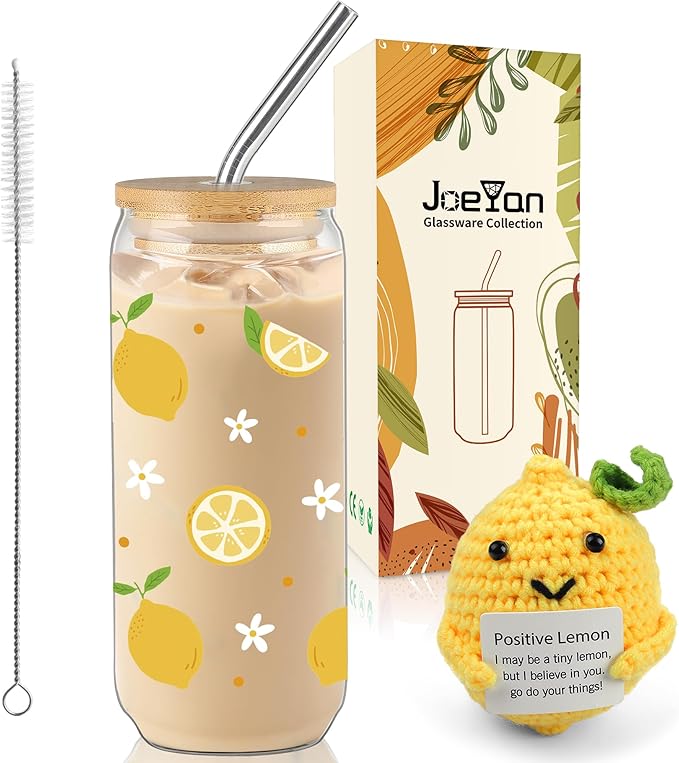 Joeyan Glass Cup with Lid and Straw - 20oz Iced Coffee Cup with Positive Crochet Lemon Doll, Cute Lemon Glass Tumbler for Smoothie Boba Tea, Summer Inspirational Birthday Gifts for Women Her Friend