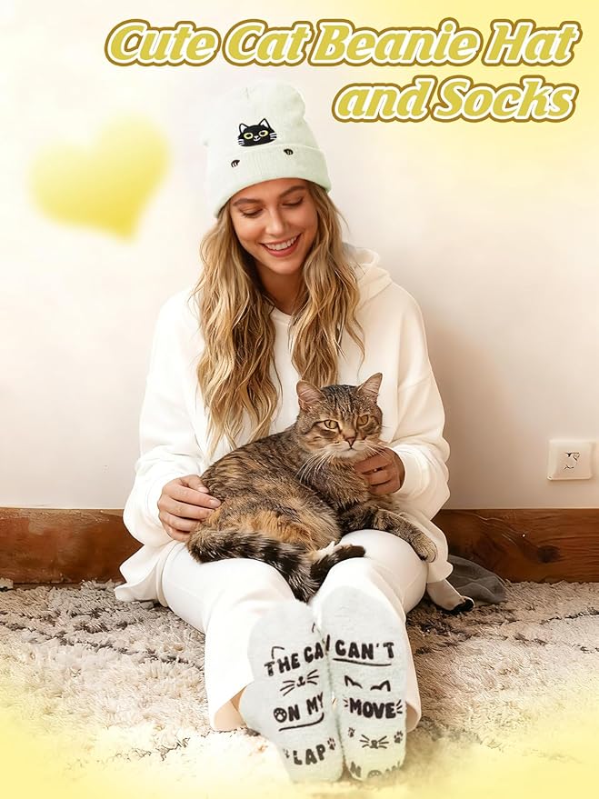 Cat Beanie and Funny Socks for Women - Cute Warm Gifts for Cat Lovers