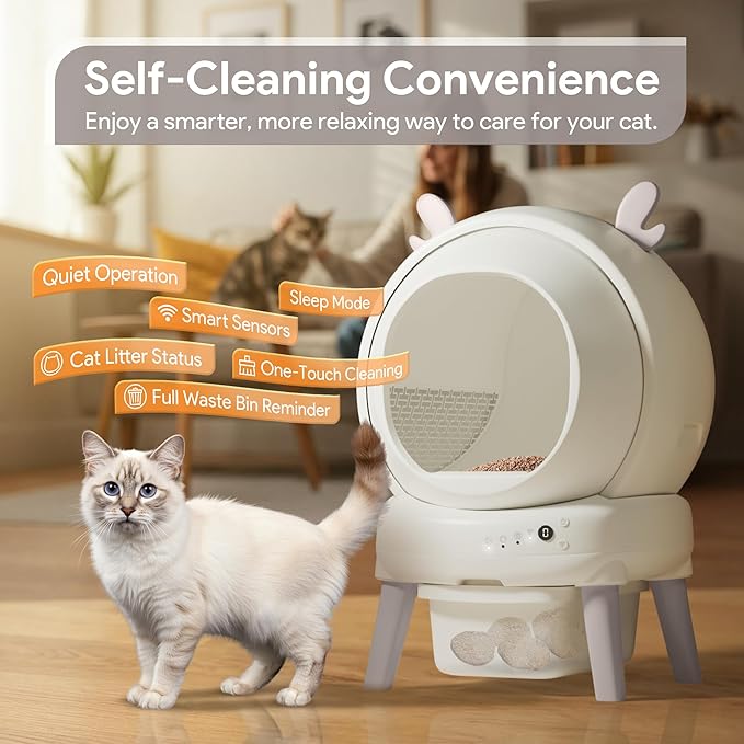 Self Cleaning Litter Box, Automatic Litter Box with Odor Control for Multiple Cats, Cute Ear Shaped Design, Large Capacity with Smart Real-Time App Monitor and Safety Sensors