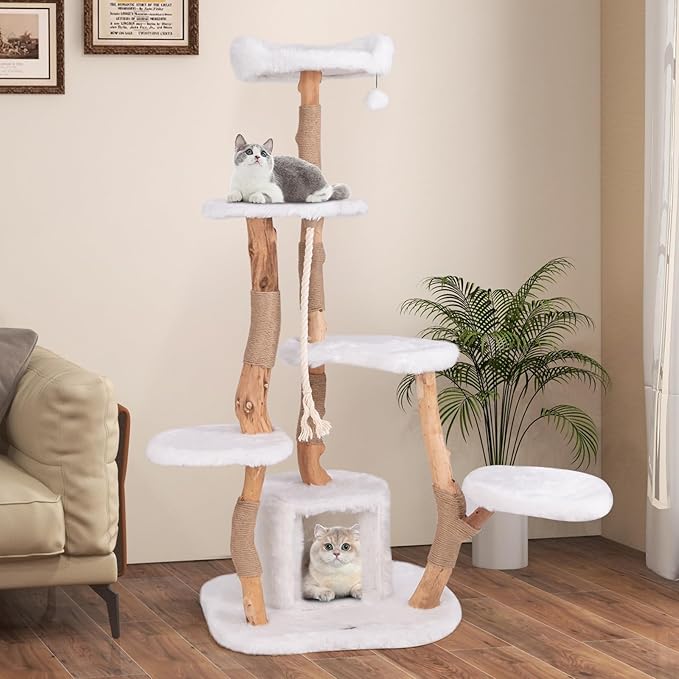 Tangkula Solid Wood Cat Tree, Modern Wooden Cat Tower with Jute Scratching Posts, Perch, Condo, Sisal Rope, Dangling Ball, Soft Long Plush, 66 Inch Tall Cat Tree Tower for Indoor Cats Large Adult