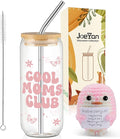Joeyan Glass Cups with Lids and Straws - 20oz Iced Coffee Cup with Positive Crochet Penguin Doll, Cool Moms Club Glass Tumbler for Smoothie Boba Tea, Birthday Mothers Day Gift for Mom Wife Grandma
