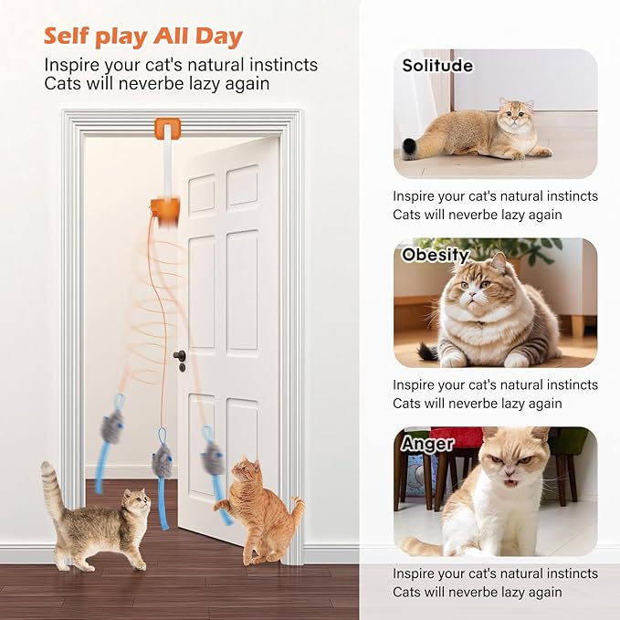 Rechargeable Electric Cat Teaser with Remote – Interactive Door Clip Teaser for Cats, 2 Motion Modes (360° Spin & Irregular Jumping), Smart Auto Cat Toy for Exercise & Fun (Orange)