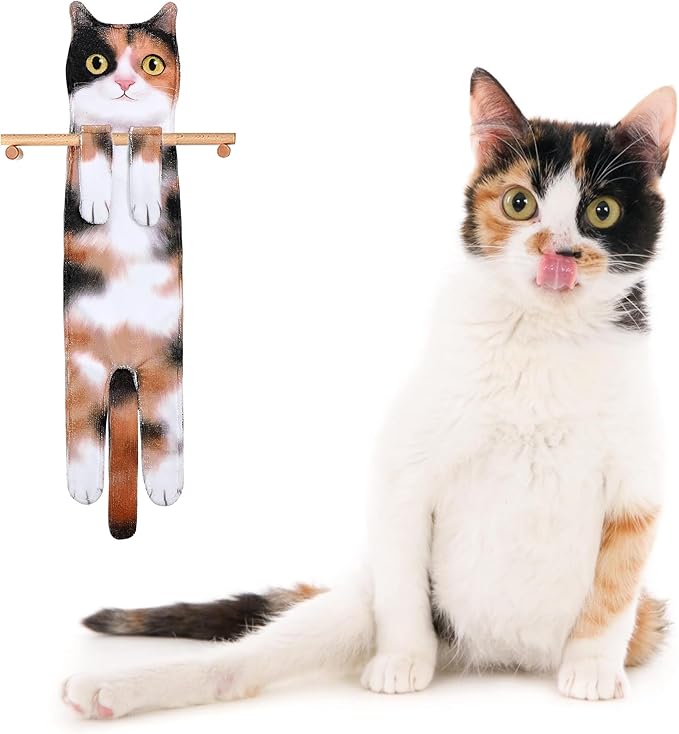 Funny Hand Towels for Bathroom Kitchen Decor - Cute Cat Hanging Hand Towel Kitchen Gadgets - Unique Housewarming Birthday Christmas Cat Lover Gift Ideas for Women Mom Lady Adults