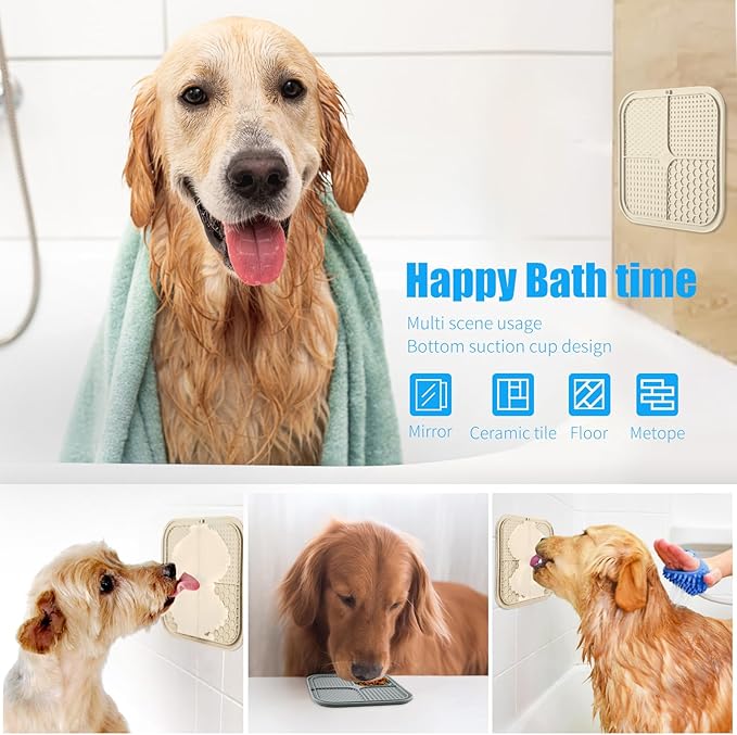 Lick Mat for Dogs, Premium Lick Pad with Suction Cups for Dog Anxiety Relief, Slow Feeder Dog Bowls, Bathing, Grooming and Training (Beige, Grey, 2pack)