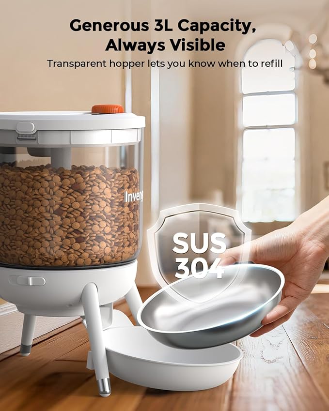 Automatic Cat Feeder, 3L Timed Pet Feeder for Cats & Small Dogs, Dual Power USB & Battery, Clear Hopper, Easy-Clean, Dry Food & Kibble, Up to 6 Meals Daily
