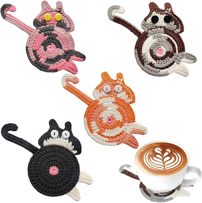 4PCS Cute Cat Cup Coasters, Gifts for Cats Lovers, Cat Coaster Woven Creative Knitted Coasters Funny Drink Insulation Coffee and Tea Coaster Table Protection Desktop Gifts