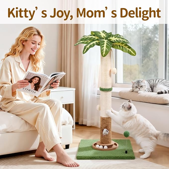 Tall Cat Scratching Post Vertical Pole for Indoor, 35" Palm Tree Sisal Scratch Post for Large Cats & Kittens, Heavy Duty Wooden Carpet Pole with Ball Track Leaves, Furniture Protection